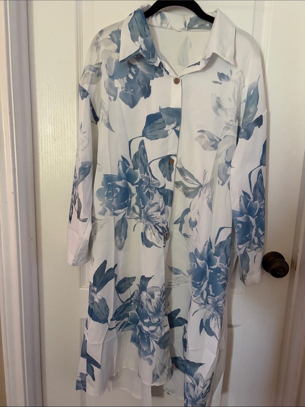 White Tunic Shirt Dress with Blue Floral Print